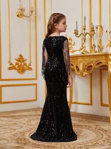 Đầm dạ hội đuôi cá đính sequin sang trọng cho bé gái, thiết kế tay áo tua rua, cổ áo hình trái tim - Dài đến sàn, dáng ôm sát, phù hợp cho các dịp đặc biệt. - màu đen - Xem 2