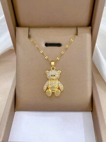 1 件不锈钢熊吊坠项链，带水钻，适合日常佩戴和送礼 - 金黃色 - 查看 1