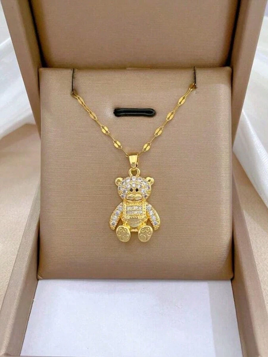 1 件不锈钢熊吊坠项链，带水钻，适合日常佩戴和送礼 - 金黃色 - 查看 1