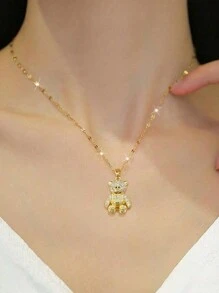 1 件不锈钢熊吊坠项链，带水钻，适合日常佩戴和送礼 - 金黃色 - 查看 2