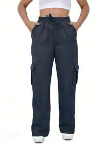 Women's Plus Size Wide Leg Sweatpants Flannel Thick Fabric Winter Cargo Pants - 黑色 - 查看 5