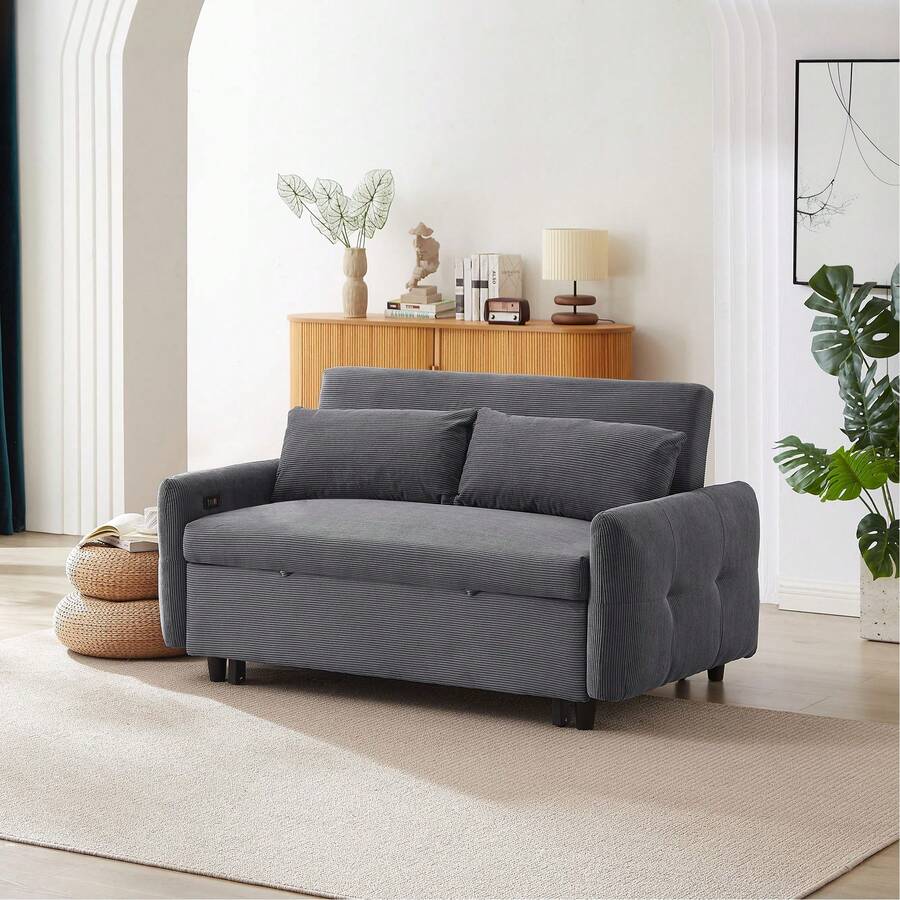 57.48" Pull-Out Sofa Bed Convertible Couch 2 Seat Loveseat Sofa Modern Sleeper Sofa With Two Throw Pillows And USB Ports For Living Room - 深灰色 - 查看 1