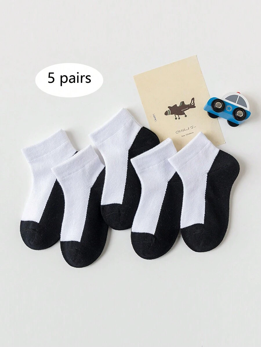 5 pares de calcetines cortos de malla de unicolor para niños, calcetines escolares para niños y niñas, calcetines para niños de color contrastante - Blanco y Negro - Ver 1