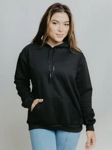 Women's Sweatshirt Set Casual Cold Coat With Plain Flannel Hood Basic Tracksuit Stylish Kangaroo Winter Pants And Long Sleeve Cold Blouse - màu đen - Xem 2