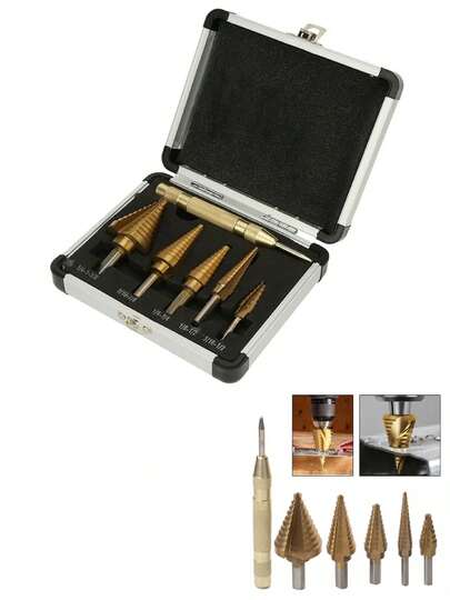 HSS Conical Step Drill Bit Steel Quick Drill Kit Set 5 Drill Bits + Punch Double Cutting Blades Design, 50 Sizes With Aluminum Housing Vmingo