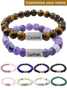 1pc Personalized Beaded Bracelets, 8mm Gemstone Bracelet, Custom Laser Engraved Bracelet, Customized Beaded Bracelet, Personalized Jewelry Gifts, Gifts For Mom, Women, Men, Dad, Wife, Husband, Bestie, Friend, Birthday Gift, Anniversary, Christmas, Halloween, New Year, Mother'S Day, Father'S Day Gift - Multicolor - View 4