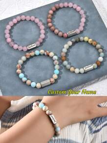 1pc Personalized Beaded Bracelets, 8mm Gemstone Bracelet, Custom Laser Engraved Bracelet, Customized Beaded Bracelet, Personalized Jewelry Gifts, Gifts For Mom, Women, Men, Dad, Wife, Husband, Bestie, Friend, Birthday Gift, Anniversary, Christmas, Halloween, New Year, Mother'S Day, Father'S Day Gift - Multicolor - View 5