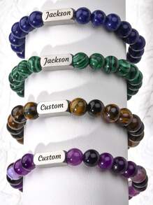 1pc Personalized Beaded Bracelets, 8mm Gemstone Bracelet, Custom Laser Engraved Bracelet, Customized Beaded Bracelet, Personalized Jewelry Gifts, Gifts For Mom, Women, Men, Dad, Wife, Husband, Bestie, Friend, Birthday Gift, Anniversary, Christmas, Halloween, New Year, Mother'S Day, Father'S Day Gift - Multicolor - View 6