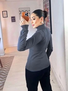 Women's Long Sleeve Knitted Blouse, Winter Sweater,  Fashion! - Dark Grey - View 3