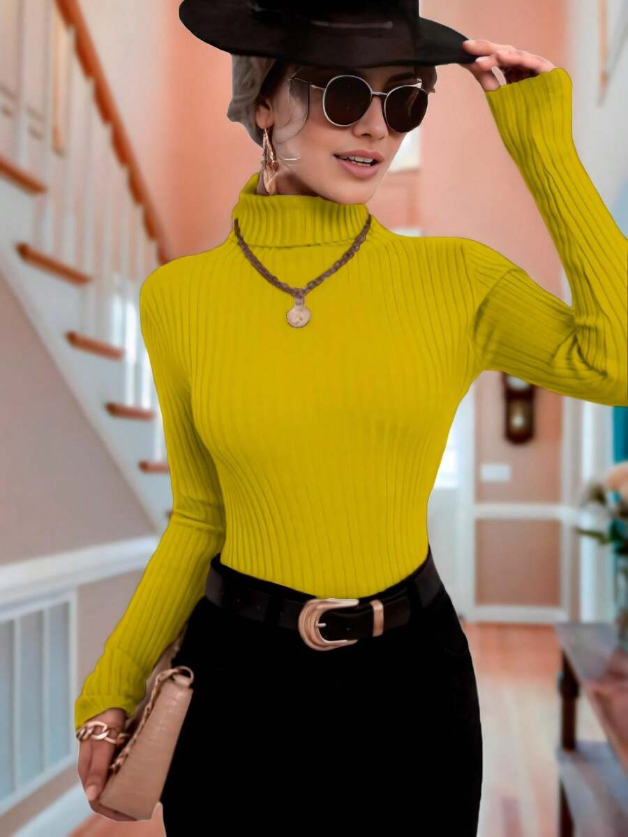 Blusa cuello de tortuga sexy ajustado manga larga para mujer - Amarillo - Ver 1