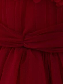 Baby Girls' Solid Color Mesh Sleeveless Wide Strap 3D Floral Elegantc Flower Girl Dress For Wedding Party, Headband Not Included - Burgundy - View 7