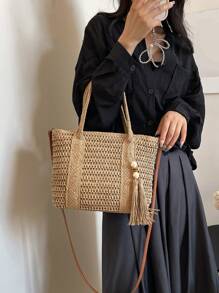 1 件新款夏季大号草编手提包，时尚女士手提包，带流苏、拉链开合和肩带，非常适合海滩和度假 - 卡其色 - 查看 3