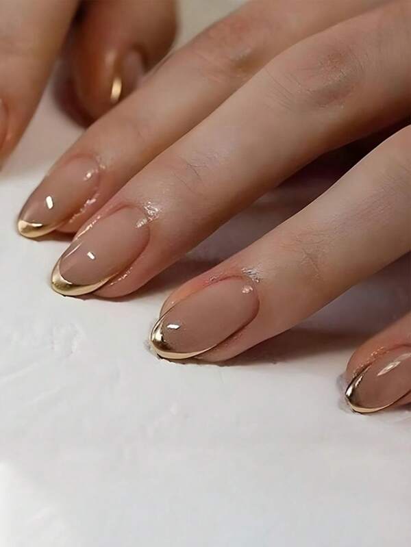 Minimalism Style 24pcs Short Circular Artificial False Nails With Gold Rim, French Style Press-On Nail Set Suitable For Daily Wear, Dating, Afternoon Tea And Going Out