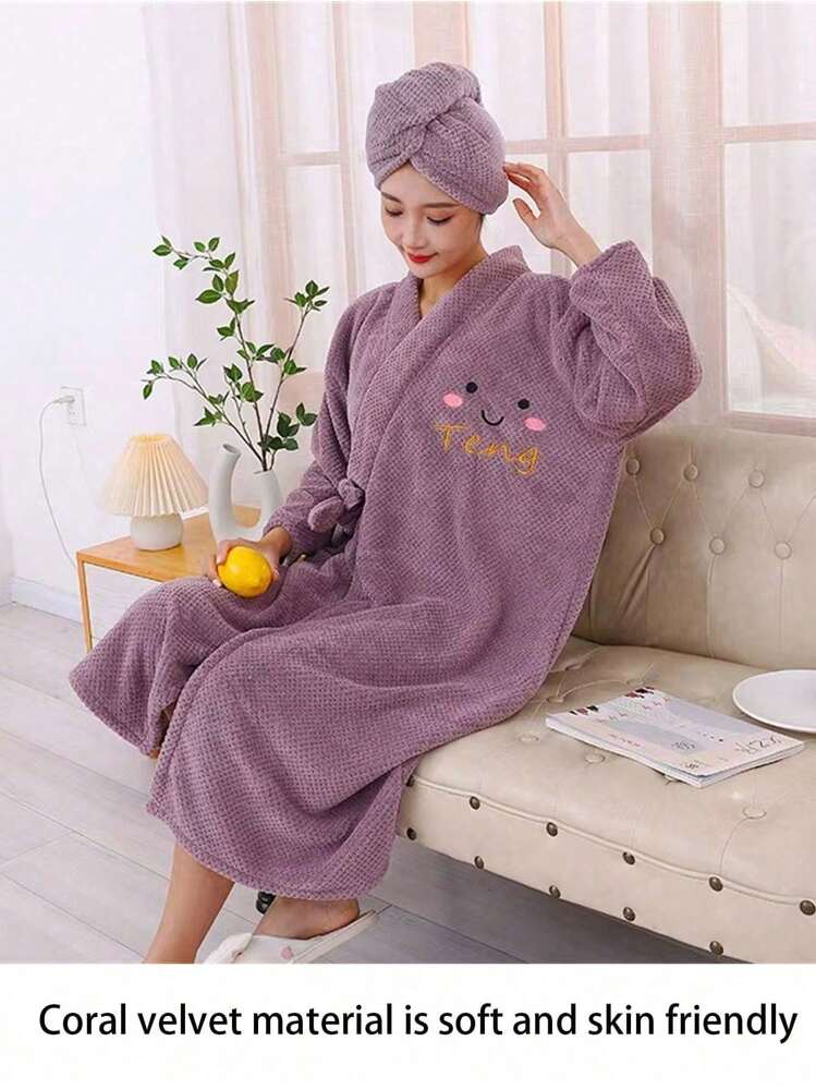 1pc Thickened Bath Towel & Home Robe, Quick-Dry Soft Wearable Adult Women's Bathrobe, Suitable For Shower Or Bathing - Purple - View 3