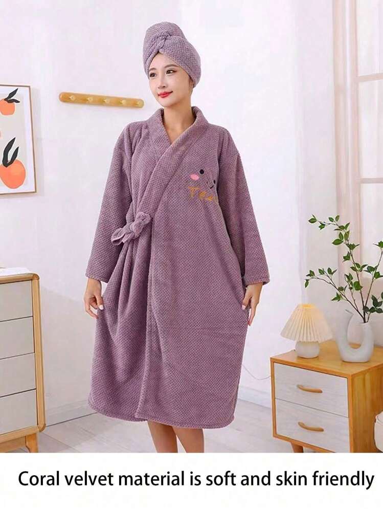 1pc Thickened Bath Towel & Home Robe, Quick-Dry Soft Wearable Adult Women's Bathrobe, Suitable For Shower Or Bathing - Purple - View 4