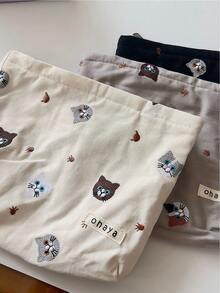 刺繡貓帆布袋，復古收納袋，化妝袋，拉鍊手提包 - 彩色 - 查看 1