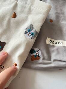 刺繡貓帆布袋，復古收納袋，化妝袋，拉鍊手提包 - 彩色 - 查看 4