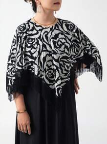 1 peça xale feminino com estampa de leopardo, flor e letra, leve, malha elástica, franjas, cachecol versátil para aquecimento, viagem, proteção solar, inverno - Multicolorido - Ver 7