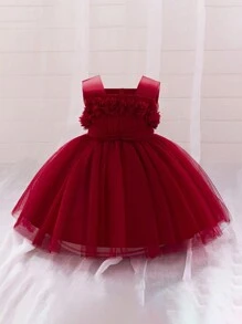 Baby Girls' Solid Color Mesh Sleeveless Wide Strap 3D Floral Elegantc Flower Girl Dress For Wedding Party, Headband Not Included - Burgundy - View 5