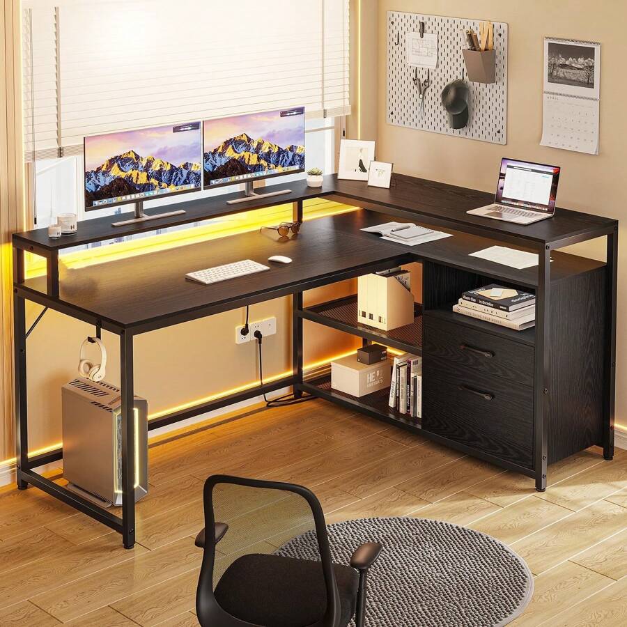 Corner Computer Desk With LED Lights And Drawers, L Shaped Computer ...