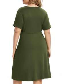 Women's Plus Size Dress V Neck Knee Length Wrap A-Line Mini Dress With Belt - Olive Green - View 4