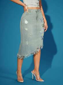 Women's Fashionable Mid-Length Denim Skirt With Embroidery And Washed Design - Light Wash - View 4