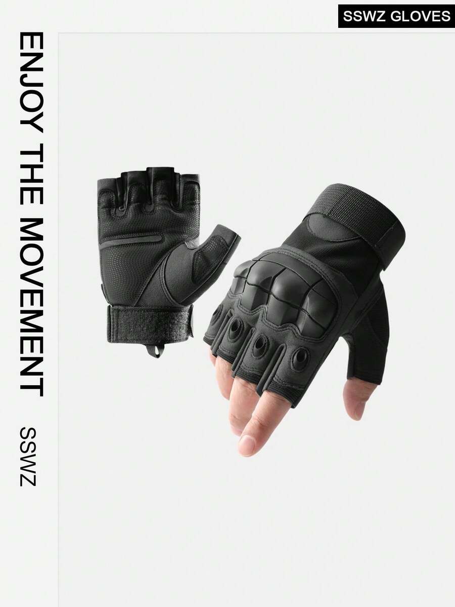 1pair Men's Half Finger Gloves For Outdoor Sports, Motorcycle, Cycling, Climbing With Professional Protection - Black - View 1