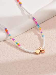 1pc Mixed-Color Rice-Shaped Beaded Heart & Letter Pendant Necklace