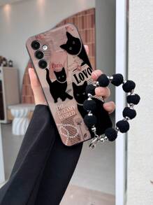 Compatible With Iphone 16 1pc Black TPU Anti-Fall Phone Case With Cat & Faux Pearl Pattern + 1pc Black Fluffy Ball Bracelet, Compatible With IPhone/Matching/Support Phone Case/Interesting/Android/Compatible With Samsung/Mi/Compatible With Oppo, Compatible With IPhone 15 PRO MAX/Compatible With Samsung A14/A54/A52/A31 4G/A23, Compatible With Redmi Note 8 Pro, Compatible With Redmi Note 11 Pro 4G, Compatible With Redmi Note 12 4G, Compatible With OPPO A54 - Multicolor - View 1