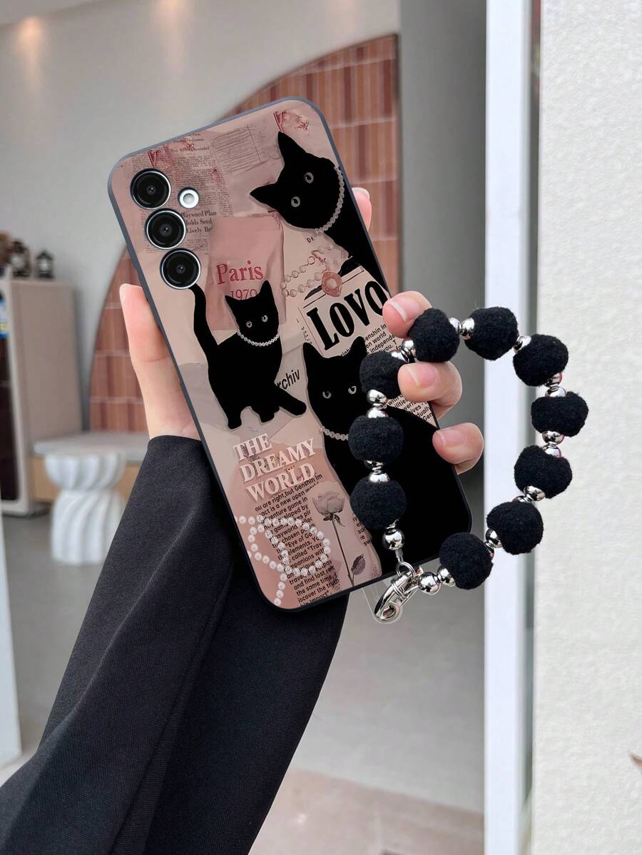 Compatible With Iphone 16 1pc Black TPU Anti-Fall Phone Case With Cat & Faux Pearl Pattern + 1pc Black Fluffy Ball Bracelet, Compatible With IPhone/Matching/Support Phone Case/Interesting/Android/Compatible With Samsung/Mi/Compatible With Oppo, Compatible With IPhone 15 PRO MAX/Compatible With Samsung A14/A54/A52/A31 4G/A23, Compatible With Redmi Note 8 Pro, Compatible With Redmi Note 11 Pro 4G, Compatible With Redmi Note 12 4G, Compatible With OPPO A54 - Multicolor - View 1