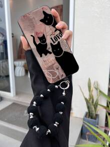 Compatible With Iphone 16 1pc Black TPU Anti-Fall Phone Case With Cat & Faux Pearl Pattern + 1pc Black Fluffy Ball Bracelet, Compatible With IPhone/Matching/Support Phone Case/Interesting/Android/Compatible With Samsung/Mi/Compatible With Oppo, Compatible With IPhone 15 PRO MAX/Compatible With Samsung A14/A54/A52/A31 4G/A23, Compatible With Redmi Note 8 Pro, Compatible With Redmi Note 11 Pro 4G, Compatible With Redmi Note 12 4G, Compatible With OPPO A54 - Multicolor - View 3