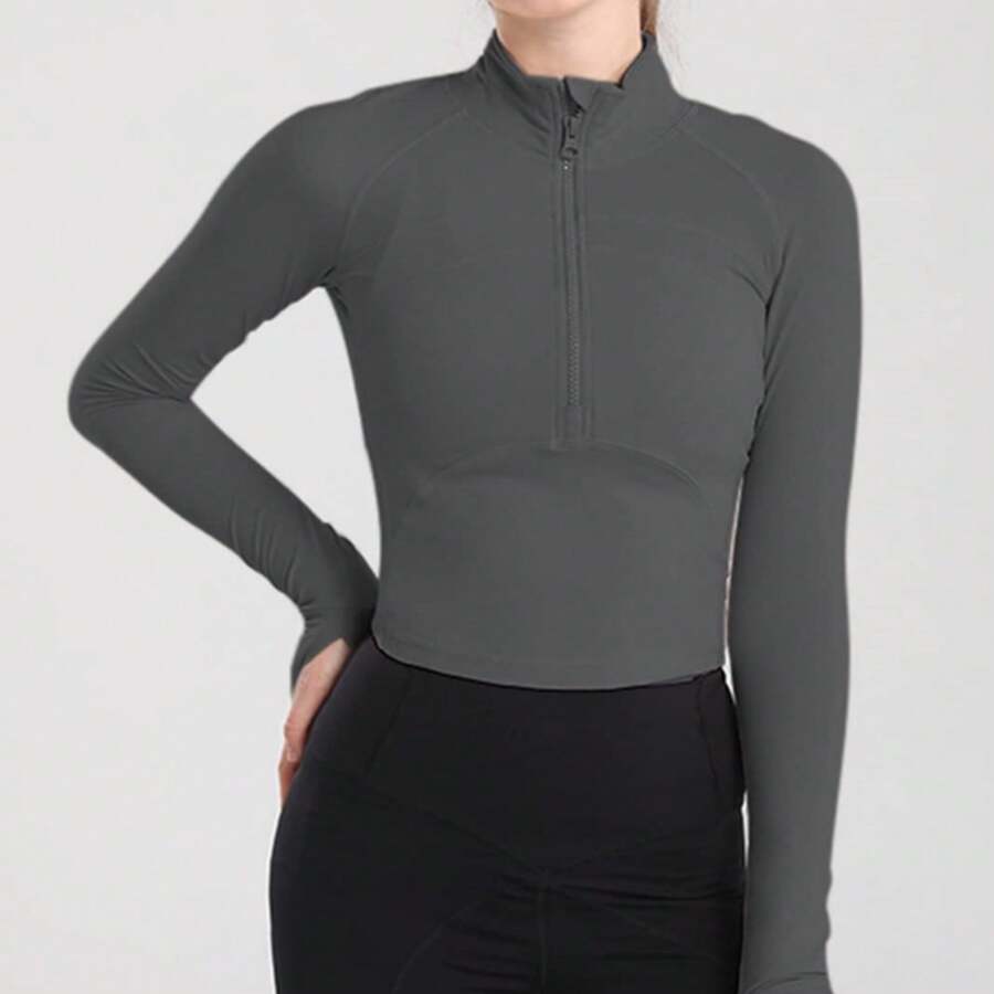 Women's Sport Jacket Lightweight Full Zip Up Yoga Jacket,Suitable For Outdoor Activities,Slim Fit Workout Gym Running With Thumb Holes, Solid Color Stand Collar Sports Tops, Slim Fit Yoga Outerwear, Women's Sportswear Workout Clothing For Indoor Outdoor Wear - 灰色 - 查看 1