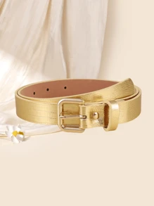 Cinturón de mujer con hebilla cuadrada, cinturón de cintura de moda versátil y sencillo (patrón aleatorio) para verano, escuela, otoño, Halloween - Dorado - Ver 2