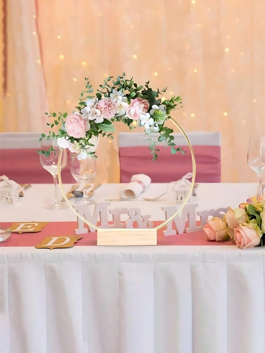 Wooden Base 12-Inch Metal Handmade Flower Wreath Wedding Table Decoration DIY Wreath Scene Decor, Metal Floral Centerpiece Table Decorations Hoop Centerpiece With Stand Gold Centerpieces For Table 15 Wooden Holders 30 Artificial Flowers, Floral Hoop Centerpiece With Candle Lights, Double Floral Hoop Table Centerpieces With Stand And Light, Metal Macrame Gold Wreath Ring For DIY Wedding Party Decor, Metal Floral Hoop Centerpiece With Base For Table, Metal Wreath Ring Decor Set With Wooden Card Hol - Gold - View 1