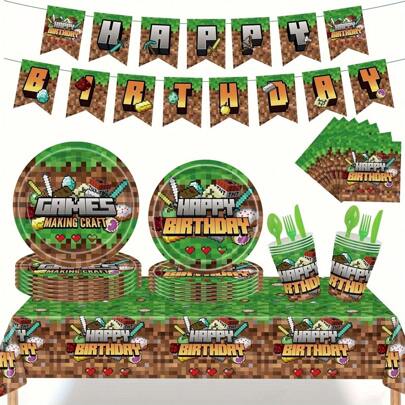 H.L.BALLOON Suministros para fiesta de cumpleaños con temática de arte de píxeles, juego de vajilla desechable de papel que incluye platos, vasos, servilletas, mantel, pancarta de feliz cumpleaños - Materiales ecológicos (10 platos de 7 pulgadas, 10 platos de 9 pulgadas, 10 vasos, 20 servilletas), Regreso a la escuela Día de San Valentín