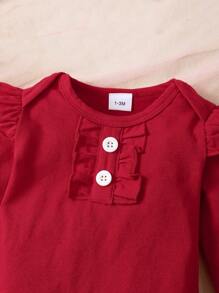 BrownBark Baby Girl 2pcs Set: Cute Casual Cartoon Rabbit & Heart Pattern Solid Color Long Sleeve Top + Floral Bow Decor Suspender Pants Set With Headband, Versatile For Daily Wear, Valentine's Day, Easter Bunny Children's Clothing - Red - View 5