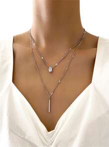 Conjunto de 2 peças Colar de Camadas Duplas em Formato de Pêndulo com Gota e Pedra de Zircônia Cúbica em Metal Simples, Adequado para o Uso Diário de Mulheres, Escola, Negócios, Reuniões, Compras e um Conjunto de Joias Versátil para Mulheres