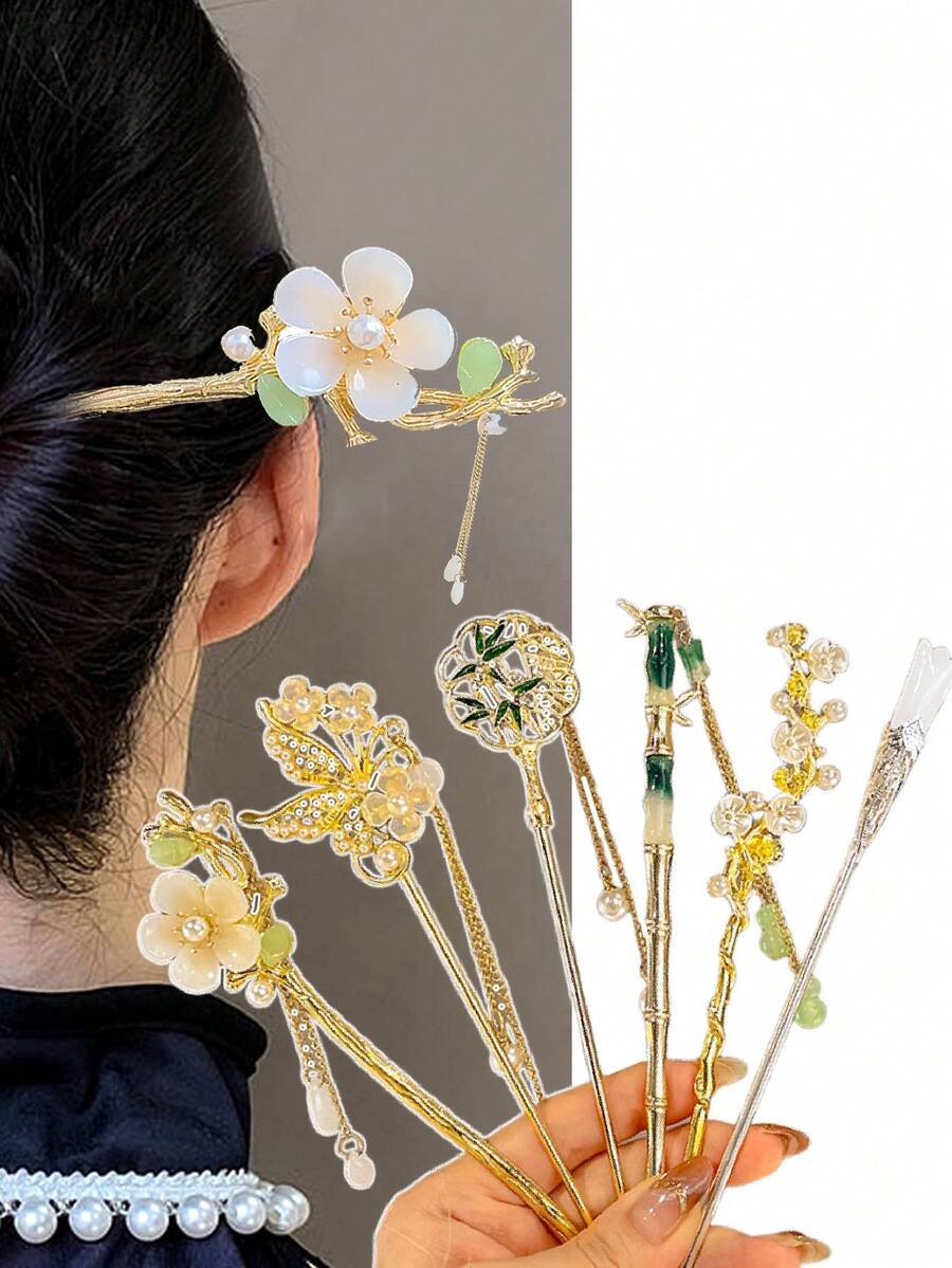 1入古風風格竹蘭花流蘇合金髮夾，優雅典雅的後頭板髮飾，適用於女性日常居家、約會、旅行、聚會和派對，假期禮物。 - 彩色 - 查看 1