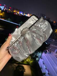 Shiny Silver Rhinestone Metal Evening Clutch Bag, Glittery And Elegant Women's Sparkling Rhinestone Wallet, Perfect For Party, Prom, Wedding, Dinner/Banquet, Decorated With Rhinestone Bow, Zipper Closure, Hand-Held Style, Ideal Valentine's Day Gift,Fashionable Purse Perfectly Matching With Birthday Dresses For Women - Silver - View 4