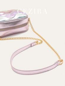 CEZIRA Bolso de hombro de PU metalizado y de lujo para mujeres y adolescentes, con cierre de cremallera, cadena cuadrada de metal y diseño de rayas de ola de color, perfecto para uso diario, citas y vacaciones. Elegante y colorido bolso de mano para mujer. - Multicolor - Ver 11