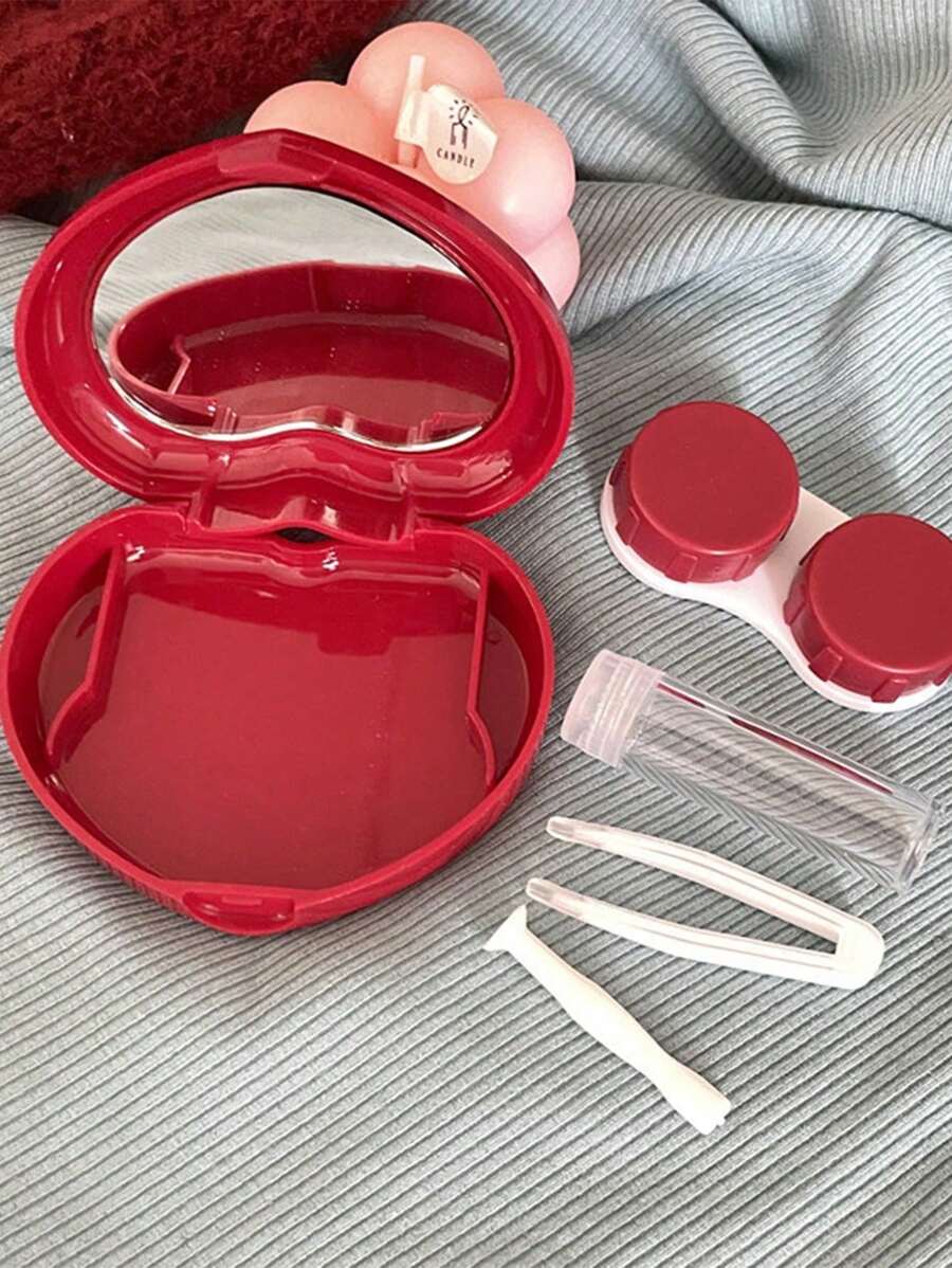 1入紅粉藍黃護理盒，可愛的眼護理伴侶，可愛的糖果心形隱形鏡盒 - 紅色 - 查看 1