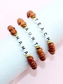 1pc Wooden Bead Elastic Letter Bracelet - MAMA, AUNT, TEACHER, SISTER, GRANDMA Gift - Beige - View 3