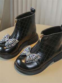 Neue Herbst Mädchen Schuhe, weiche Lederstiefel mit Strass Schleife und Frontreißverschluss