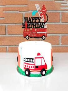 Happy Birthday Cake Topper Decoration With Glittery Fire Truck And Firefighter Theme For Fire Station Birthday Party Cake Decoration