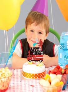 Happy Birthday Cake Topper Decoration With Glittery Fire Truck And Firefighter Theme For Fire Station Birthday Party Cake Decoration