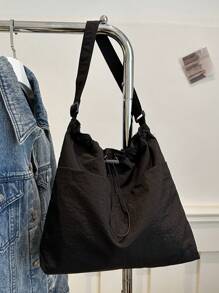 Ladies' Simple Bucket Crossbody Bag, Adjustable Shoulder Strap, Drawstring Closure, Solid Color, Casual Everyday Shoulder Bag, Street & Japanese Bag For Women