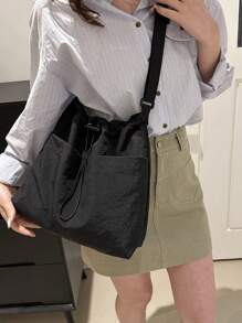 Ladies' Simple Bucket Crossbody Bag, Adjustable Shoulder Strap, Drawstring Closure, Solid Color, Casual Everyday Shoulder Bag, Street & Japanese Bag For Women