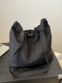 Ladies' Simple Bucket Crossbody Bag, Adjustable Shoulder Strap, Drawstring Closure, Solid Color, Casual Everyday Shoulder Bag, Street & Japanese Bag For Women