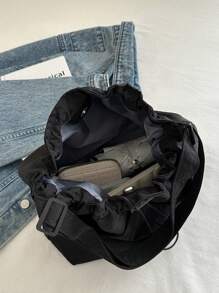 Ladies' Simple Bucket Crossbody Bag, Adjustable Shoulder Strap, Drawstring Closure, Solid Color, Casual Everyday Shoulder Bag, Street & Japanese Bag For Women