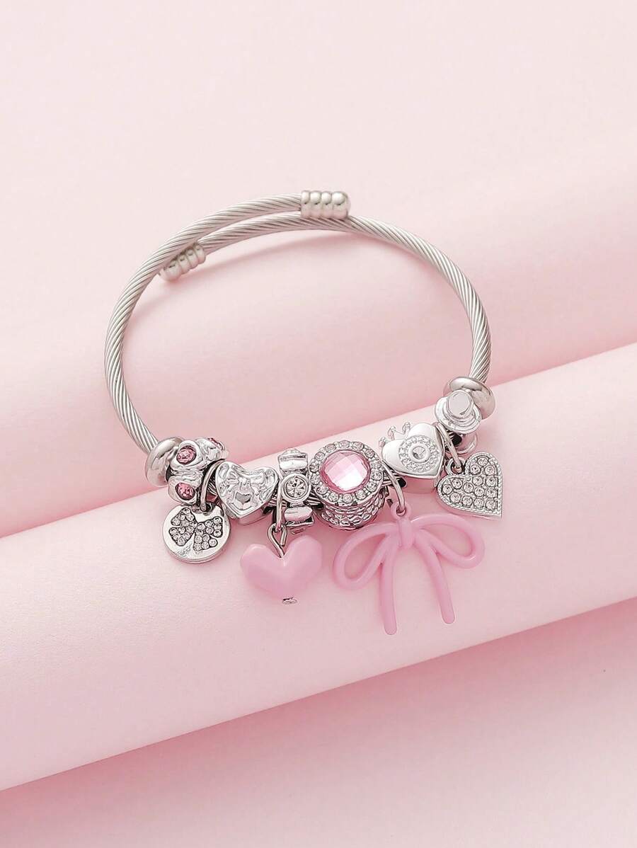 1pc Elegant Pink 3D Heart Bowknot Pendant Beaded Stainless Steel Bracelet, Y2K Style With Rhinestone & Multiple Element Design, Big Hole Beads DIY Adjustable Bracelet, Suitable For Women's Daily Wear, Parties, Festivals And Gift Giving - Silver - View 1